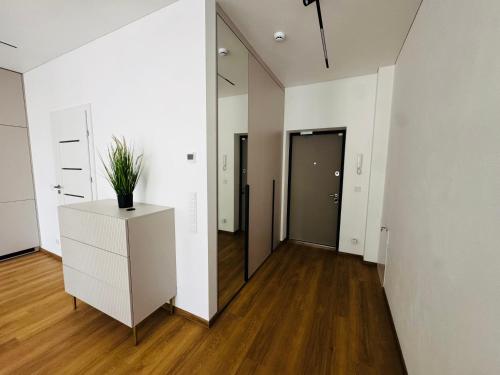 an empty room with a plant on a white dresser at Apartment in the city center near park and river 5 in Marijampolė