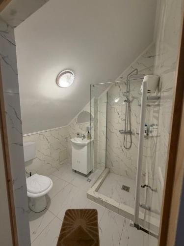 a white bathroom with a shower and a toilet at Hypnotic Boutique Pitesti in Piteşti
