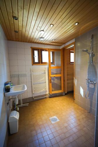 a bathroom with a sink and a shower and a toilet at Villa Golden Haven in Rovaniemi