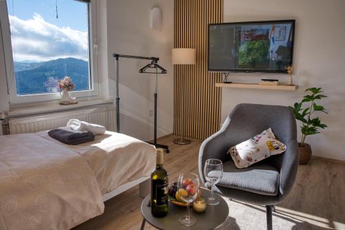 a room with a bed and a chair and a television at Apartments Saint Thomas in Selca