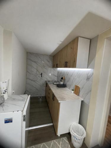 a kitchen with a sink and a counter top at Fenix Apartman II in Zaječar