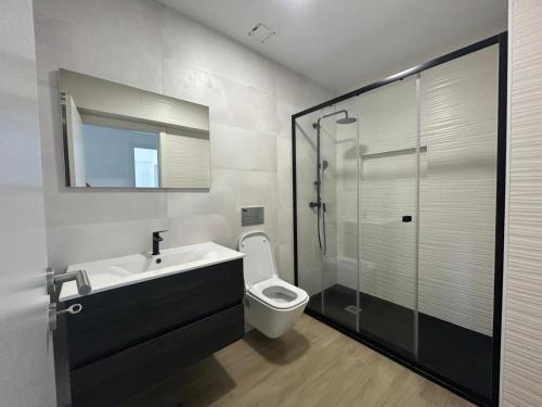 a bathroom with a toilet and a sink and a shower at Quinta da Mainça in Coimbra