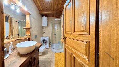 a bathroom with a sink and a shower and a toilet at Sekin Vinograd in Voloder