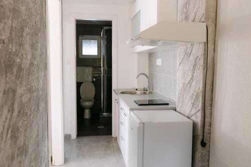 a white kitchen with a sink and a toilet at Apartmani Dejavu na Drini in Ljubovija