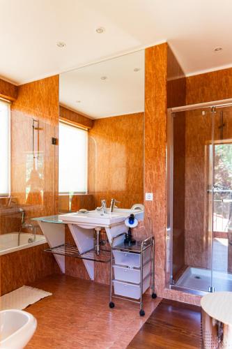 a bathroom with a tub and a sink and a shower at Holly Country House in Paredes de Coura