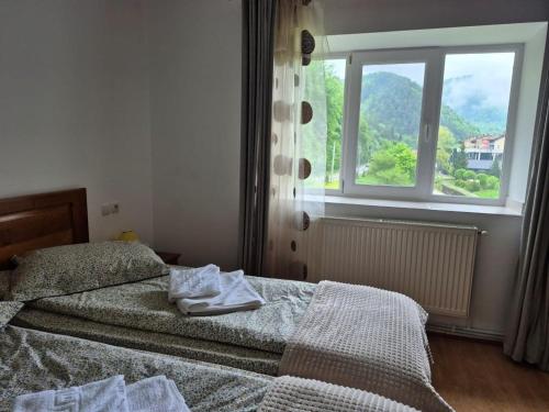 a bedroom with two beds in front of a window at Apartament Salcia Slanic Moldova in Slănic-Moldova