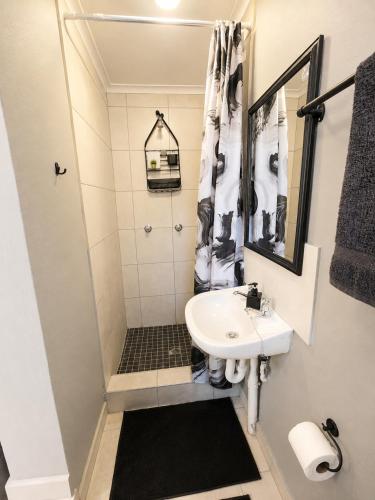 a small bathroom with a sink and a shower at Zhantique Guest House 2- Unit 1 in Boksburg