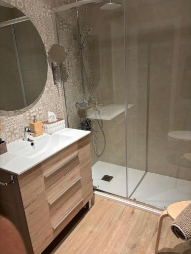a bathroom with a shower and a sink and a mirror at VUT TRINIDAD 3 dormitorio in La Guardia