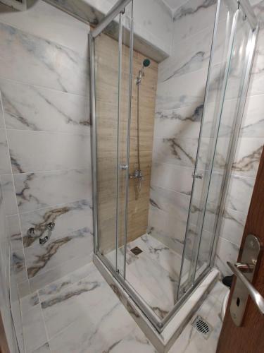 a shower with a glass door in a bathroom at Episkopos Escape in Nikiana