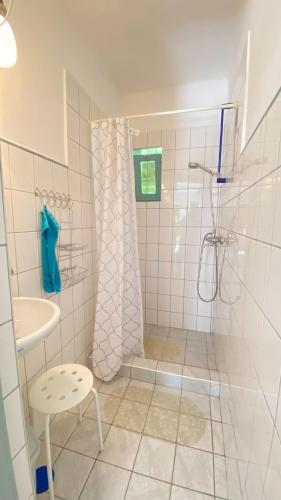 a white bathroom with a shower and a sink at Park Apartman in Sály