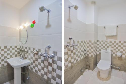 two pictures of a bathroom with a toilet and a sink at Hotel Lekali Homes in Kathmandu