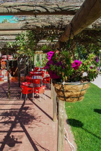 a patio with a basket of flowers on a pole at Camping Oleiros in Oleiros