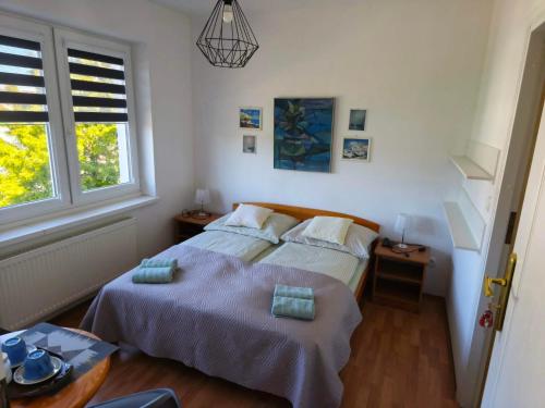 a bedroom with two beds and a window at Pokoje gościnne in Międzyzdroje