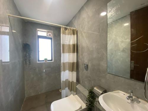 a bathroom with a sink and a shower and a toilet at Fortune 603 in Mumbai