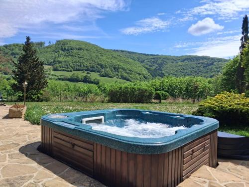 a hot tub in a yard with mountains in the background at Chalupa pri Ukoch s wellness, Bílé Karpaty in Matěk