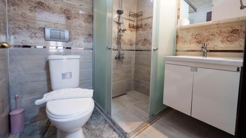 a bathroom with a toilet and a shower and a sink at Flower Apart 2 - Flower Hotel Patara in Gelemiş