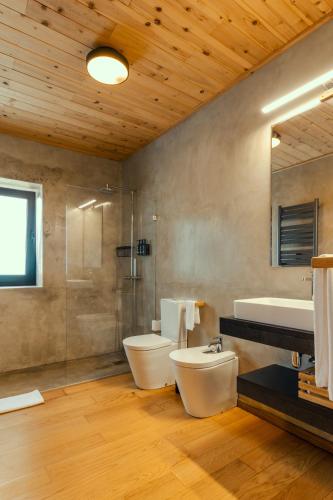 a bathroom with a toilet and a sink and a shower at Casa da Figueira in São Roque do Pico