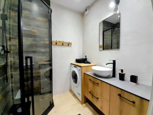 a bathroom with a sink and a washing machine at Apartament Amelia in Zamość