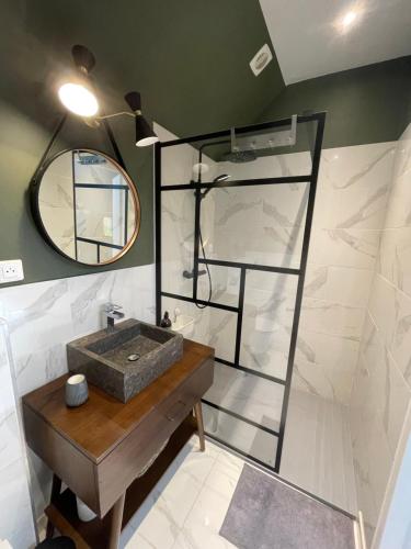 a bathroom with a sink and a mirror at Ecrin de Vizaille in Toucy