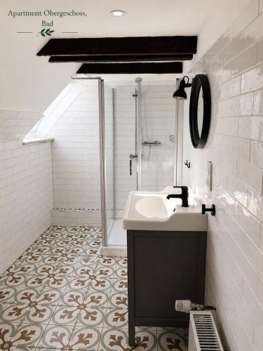 a bathroom with a sink and a shower at Villa Deli in Wischhafen