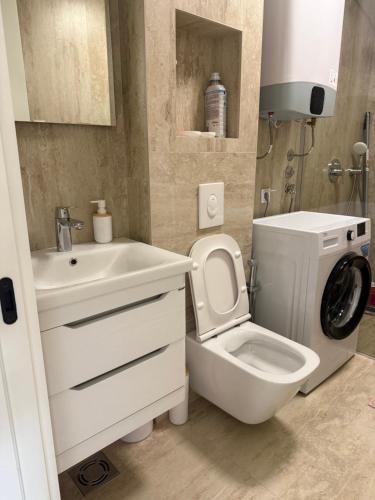 a bathroom with a toilet and a sink and a washing machine at Sea Sand Apartment in Bijela Glavica