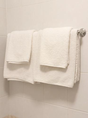 two white towels hanging on a towel rack in a bathroom at Kilian's Lodge Hotel in Mullagh