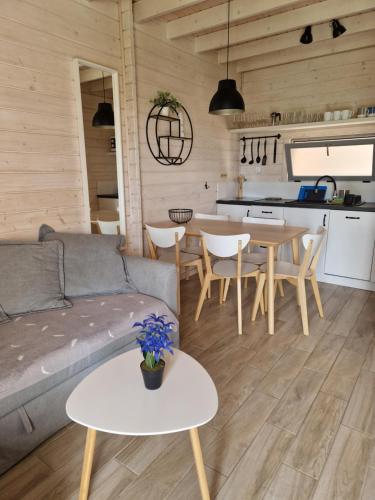 a living room with a couch and tables and a kitchen at LABALAND in Gąski