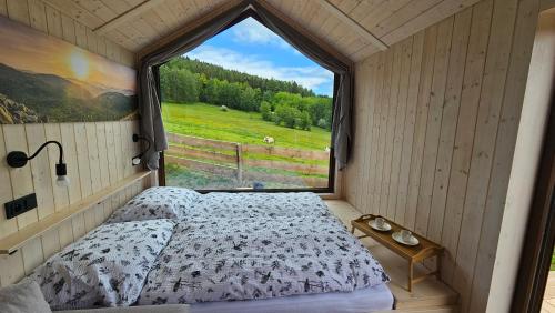 a bedroom with a bed and a large window at Glamping Šumava in Hartmanice