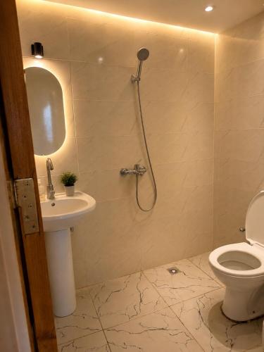 a bathroom with a shower and a toilet and a sink at Nour camp in Nuweiba