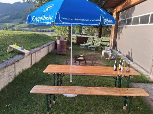 a picnic table with an umbrella in the grass at Hochtal Apartments in Tannheim