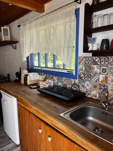 a kitchen counter with a sink and a window at Sandra Studio in Lachania