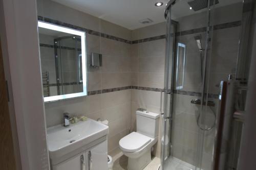a bathroom with a toilet and a sink and a shower at Belgrave Sands Hotel & Spa in Torquay