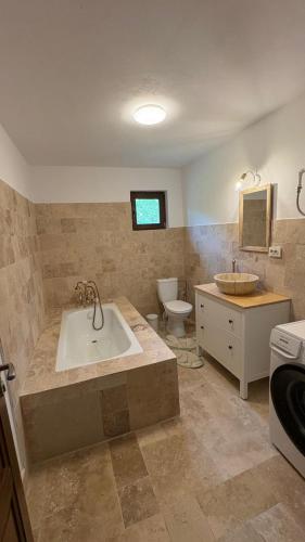 a bathroom with a tub and a toilet and a sink at Casa dintre munti in Bozioru