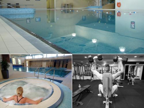 a woman exercising in a swimming pool and a man doing weights at The Kenmare Bay Hotel & Luxury Lodges Resort in Kenmare