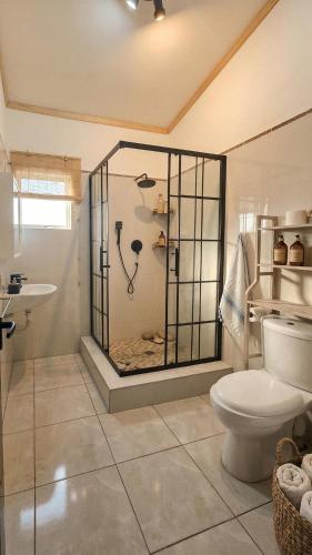 a bathroom with a shower with a toilet and a sink at OasisBhmz in Ponta do Ouro