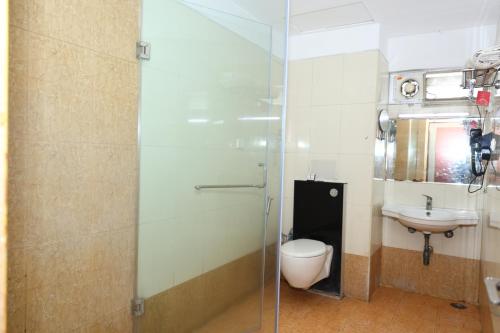 a bathroom with a toilet and a sink at Dhanunjayas Luxury Hotel in Hosūr