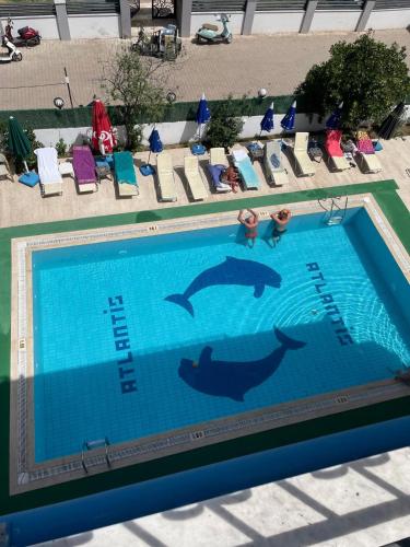 an overhead view of a swimming pool with dolphins at Atlantis Apart Hotel in Marmaris