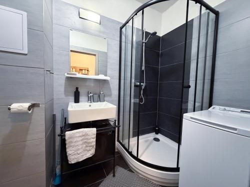 a bathroom with a shower and a sink and a toilet at KaiTea Suites in Všemina