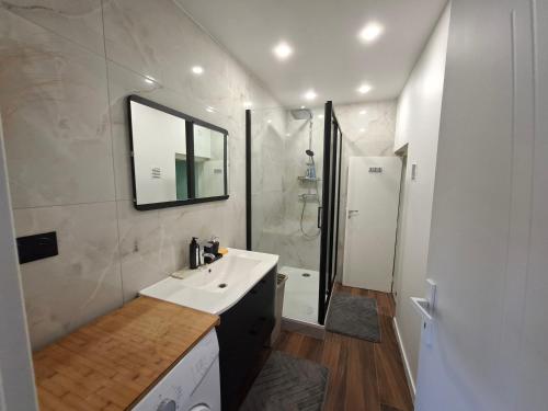 a bathroom with a sink and a mirror and a shower at Hôte Stéphanois &parking in Saint-Étienne