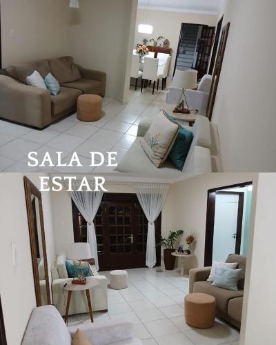two pictures of a living room with a couch at Casa Cris e Edinho in Garanhuns