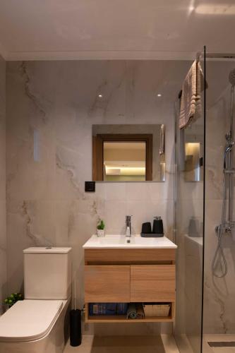 a bathroom with a toilet and a sink and a shower at Maistrali Luxury Living in Ouranoupoli