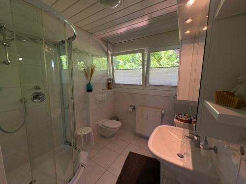 a bathroom with a shower and a toilet and a sink at "An der alten Mühle 1" Große Fewo 110 qm, sehr zentral gelegen, zwei Schlafzimmer, Südbalkon, Gartenterrasse & Wallbox in Bad Bentheim