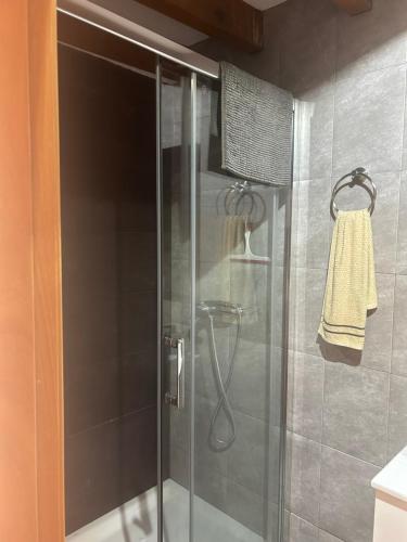 a shower with a glass door in a bathroom at El Descanso Lastres in Colunga
