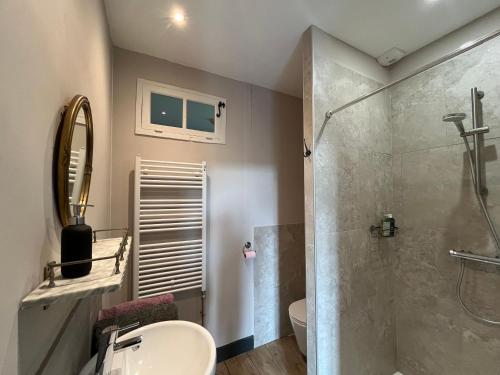 ein Badezimmer mit Dusche, Toilette und Waschbecken in der Unterkunft L'école perdue in Saint-Martin-dʼOllières