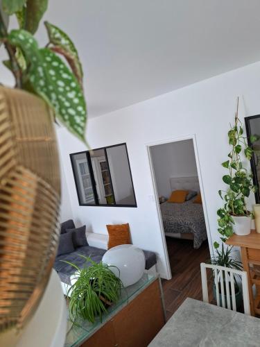 a living room with plants and a mirror at Hôte Stéphanois &parking in Saint-Étienne