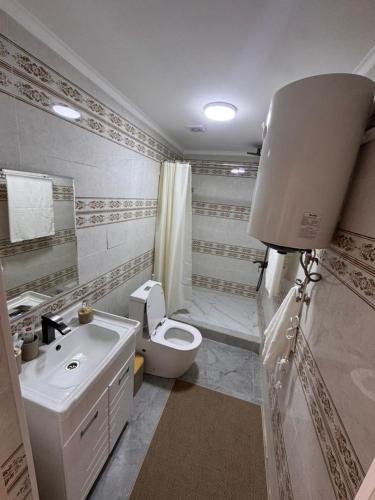 a bathroom with a white toilet and a sink at Karagay resort in Bosteri