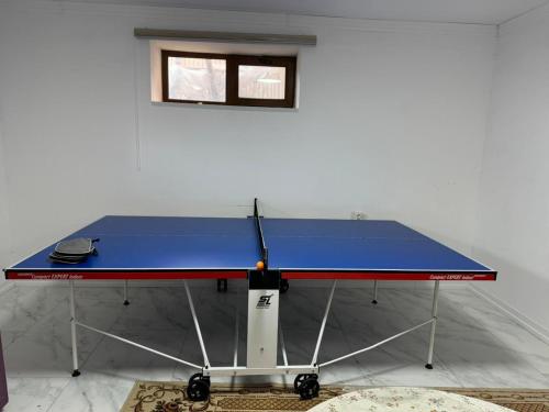 a blue ping pong table in a room with a window at 14 берёз in Borovoye