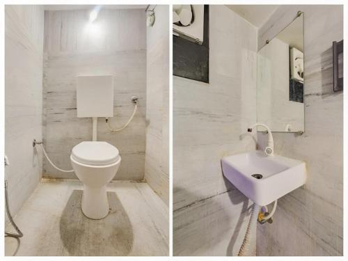 two pictures of a bathroom with a toilet and a sink at Hotel NDH 47 in Korādih