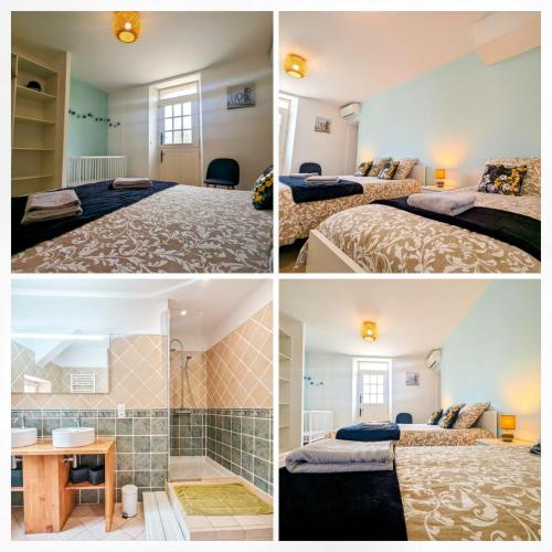 a collage of four pictures of a hotel room at Gîte Les Chaumes in Orsennes