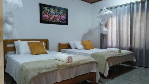 a bedroom with two beds and a window at El descanso del sol llanero in San Luis de Palenque